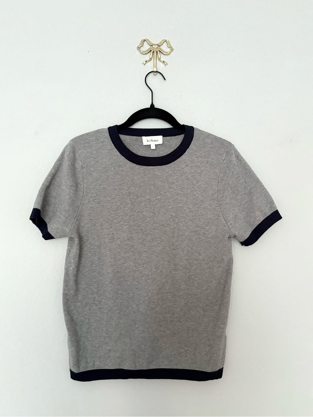bohme Grey Short Sleeve Sweater with Navy Trim